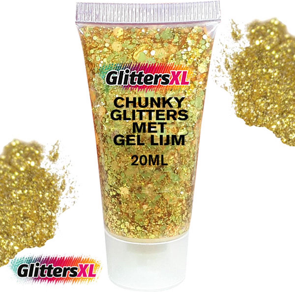 GlittersXL - Chunky Glitters met Gel Lijm Tube (Goud) [Volume 20ML - Festival Jewels Glitter Outfit Lichaam en Gezicht - Make-up Diamond Dots Face Body - Diamantjes Strass Steentjes - Kinderen Volwassenen Dames Makeup Tattoo Mastix Schmink]